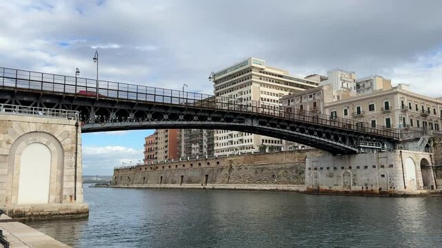 Overview of the Bridge of San Francesco di Paola, commonly called Ponte Girevole (swing bridge) in Taranto, Puglia, Italy
