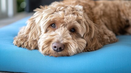 Relaxed Dog with Fluffy Coat Lying Peacefully on a Soft Blue Cushion, Exuding Comfort and Serenity in a Cozy Environment