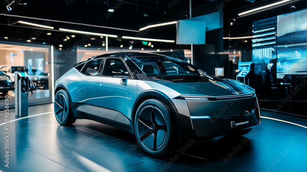 Poster a sleek electric vehicle shines in a modern showroom, showcasing its innovative design and technolog