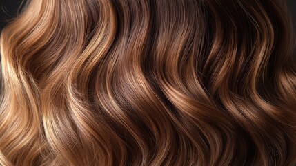 Naklejka premium Wavy Brown Hair Featuring a Modern Balayage Technique with Subtle Highlights and Lush Glossy Finish