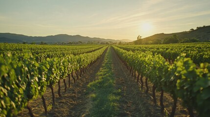Fototapeta premium Vast vineyard landscape at sunset showcasing rows of lush grapevines with golden sunlight illuminating the organic produce and sustainable farming practices.