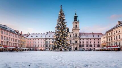Fototapeta premium Snowy square with a large Christmas tree.