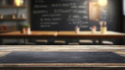 Blank chalkboard template with a rustic wooden table in the foreground, set against a softly blurred classroom background, ideal for educational themes and presentations.