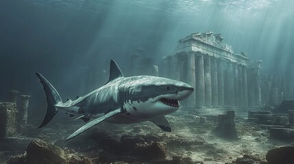 Fototapeta premium great white shark underwater in deep ocean greek acropolis temple and greek empire buildings, 