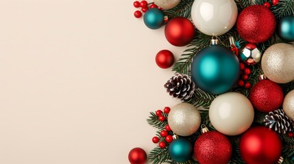 Festive Christmas ornaments in red, teal, and cream.