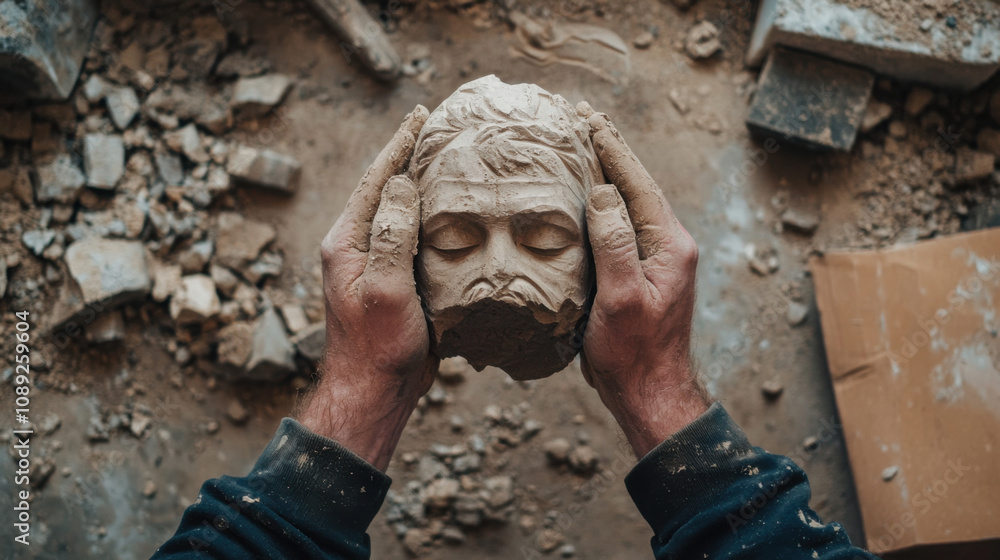 Poster skill and chisel concept. stone carver shaping detailed sculpture with focused hands