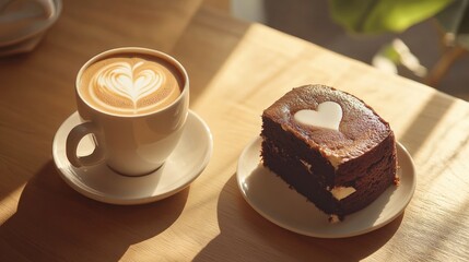 Cappuccino with heart latte art beside a chocolate cake on a wooden table, glowing in warm morning light.