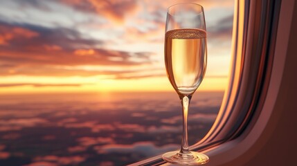 Champagne glass elegantly perched on an airplane window, capturing a breathtaking sunset with vibrant clouds and warm hues in the sky.
