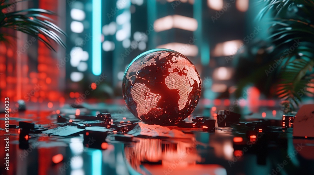 Poster futuristic 3d rendering of a globe with neon lights in an urban landscape, illustrating technology a