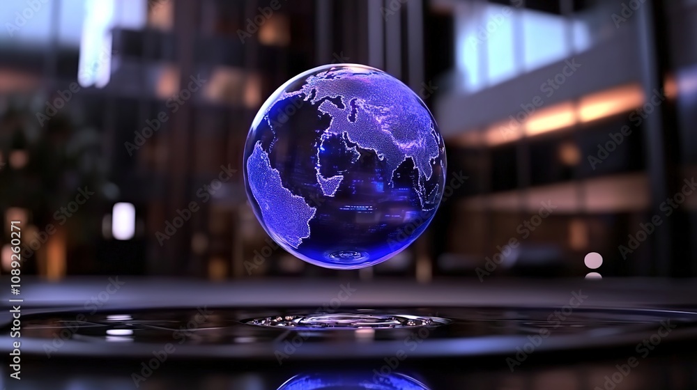 Poster futuristic floating globe with blue geometric patterns representing asia and surrounding regions in 