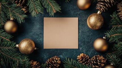Empty postcard centered among lush green pine branches and golden ornaments, framed by shiny baubles and pinecones on a textured background.