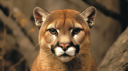 Close-up portrait of a mountain lion highlighting its striking eyes, defined facial features, and unique fur texture against a blurred natural background.