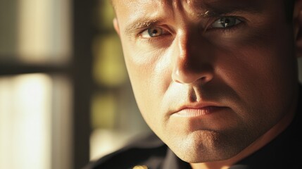 Close-up portrait of a serious law enforcement officer with intense gaze and selective focus, highlighting professionalism and dedication in a soft-lit setting.