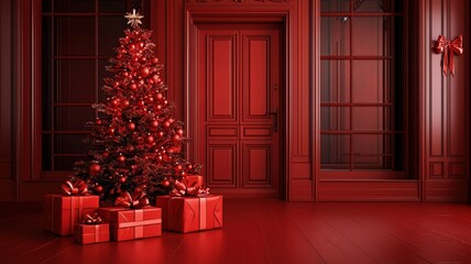 Fototapeta premium A vibrant red-themed room decorated with a Christmas tree and gifts, exuding a warm holiday atmosphere.