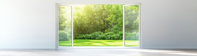 Fototapeta premium A bright, open window reveals a lush green garden, inviting natural light into a serene indoor space.