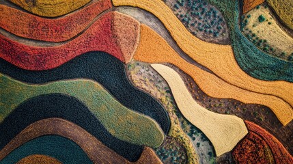 Aerial view of colorful autumn agricultural fields showcasing vibrant patterns in varying shades of red, orange, green, and yellow.
