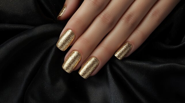 Golden glitter nail design on female hands with a black fabric backdrop. Manicured nails with gold glitter polish. The model's hands are the focal point of this image, with ample space for text