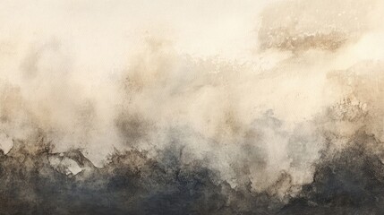 Ethereal watercolor painting with soft earth tones and textured layers creating an abstract atmospheric landscape on paper.