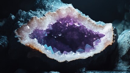 Obraz premium Geode with Interior Crystals and Minerals in Shades of Purple and Clear against a Dark Background, Highlighting Natural Geological Formation