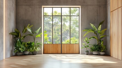 Fototapeta premium Spacious contemporary loft with concrete and wooden walls, parquet flooring, lush plants, and a large panoramic window opening to a vibrant garden.