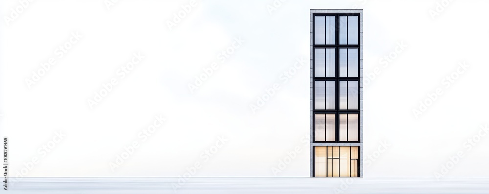 Poster a minimalist building stands tall against a light backdrop, showcasing modern architecture with larg