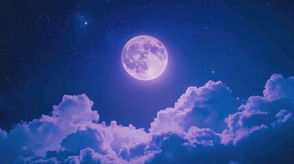 Fototapeta premium Full moon casting a soft glow on wispy clouds under a starry night sky, creating a serene celestial atmosphere with deep blue hues.