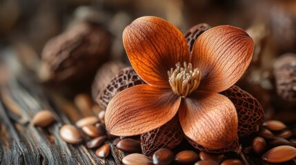 Artificial flower in warm chocolate tones resting on dried seeds with a textured vintage background and a rustic, natural ambiance.