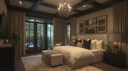 Fototapeta premium Elegant bedroom with a king-size bed, plush bedding, a luxurious chandelier, and stylish decor, complemented by large windows and soft color tones.