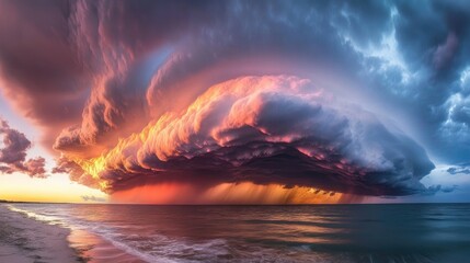 Dramatic evening sky with swirling storm clouds and vibrant hues of orange and purple illuminated by the setting sun over a tranquil ocean.