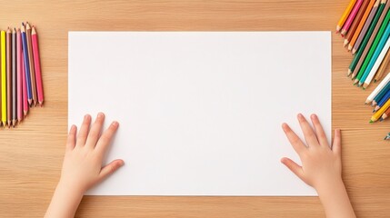 Obraz premium A child's hands rest on a blank sheet of paper, surrounded by colorful crayons, inviting creativity and artistic expression.
