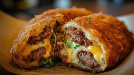 Crispy Korean-style sausage rolls deep-fried in a golden flour crust, stuffed with melted cheese and garnished with green onions for a flavorful street food delight.