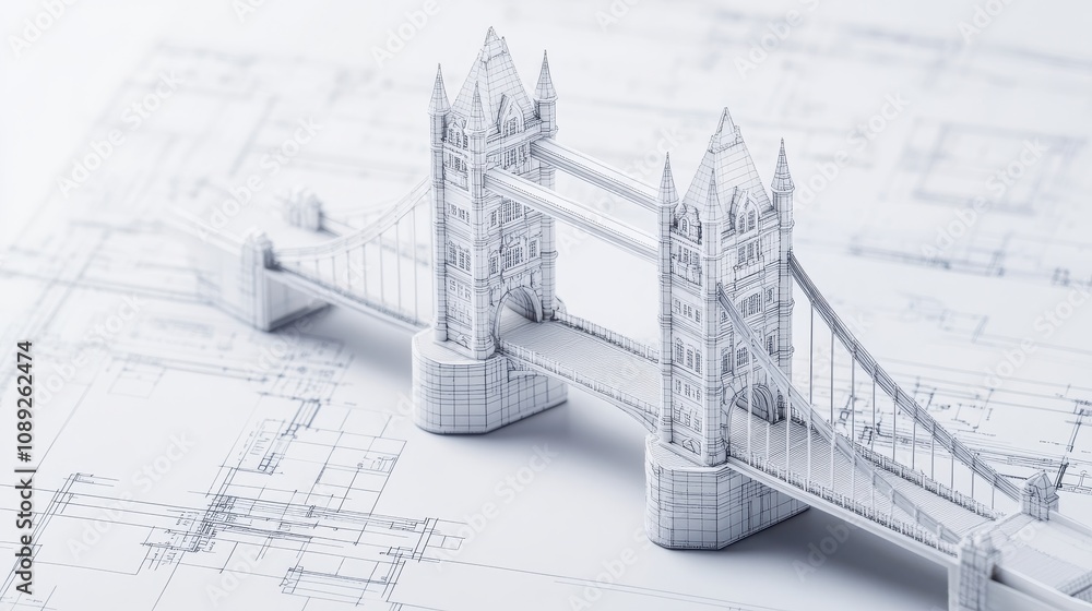 Poster a delicate architectural model of tower bridge rests on a blueprint, showcasing intricate design and