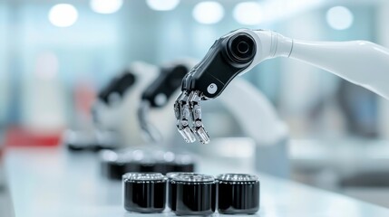 processing industry factory workflow concept, A robotic arm manipulates objects in a futuristic workspace, showcasing advanced automation and precision technology in a modern setting.