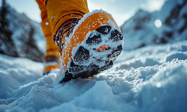 A close-up of a boot stepping in fresh snow, showcasing winter activity.