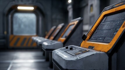 processing industry factory workflow concept, A futuristic, industrial setting featuring multiple control panels with orange accents, set against a dark, textured background with moody lighting.