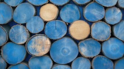 Vibrant blue log wall featuring a textured wooden surface with circular wood slices, offering plenty of space for text or design elements.