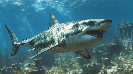 Naklejka premium great white shark underwater in deep ocean greek acropolis temple and greek empire buildings, 