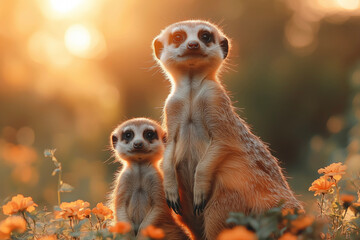 Fototapeta premium A stunning close-up of a meerkat showcasing its curious gaze and intricate fur details. Perfect for wall art, prints, or unique merchandise that celebrates nature’s charm.
