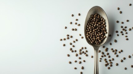 Cannabis seeds arranged in a silver spoon with scattered seeds on a light, minimalist background showcasing ample negative space for a clean aesthetic.