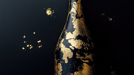 Sophisticated dark champagne bottle embellished with luxurious gold foil accents against a minimalist black background.