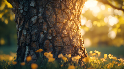 Obraz premium Close-Up of Weathered Oak Tree Trunk in a Lush Meadow, Capturing the Essence of Life's Balance and the Beauty of Growth at Any Age