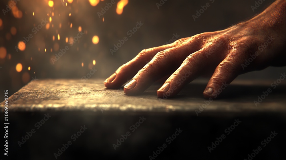 Poster close-up of a hand gently touching a stone surface with glowing sparks in the background, symbolizin