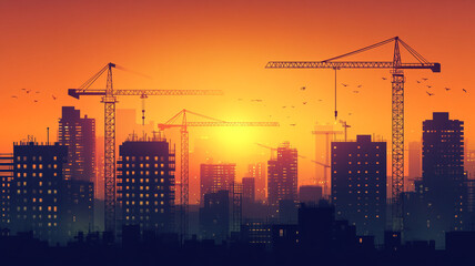 Sunset casts a warm glow over city construction site with cranes and buildings