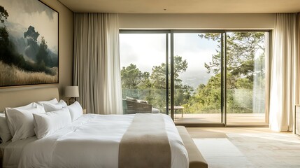 Naklejka premium Elegant and Cozy Modern Bedroom Interior Design with Stylish Decor, mockup, poster and Background