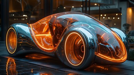 An avant-garde personal mobility device lab with shifting holographic prototypes and bioluminescent micro-vehicles promoting personal transport innovation 