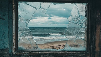 Scenic beach view framed by shattered glass, showcasing rolling waves and a moody sky with dramatic clouds.