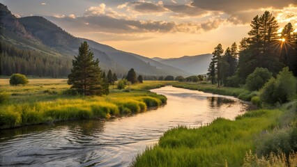 Serene river flowing through lush green valley at sunset nature photography tranquil landscape scenic viewpoint peaceful environment