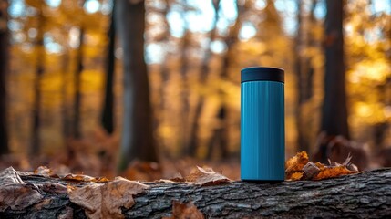 Obraz premium Blue thermos positioned on a log in a forest, surrounded by autumn leaves, highlighting outdoor adventures like hiking and camping in nature.