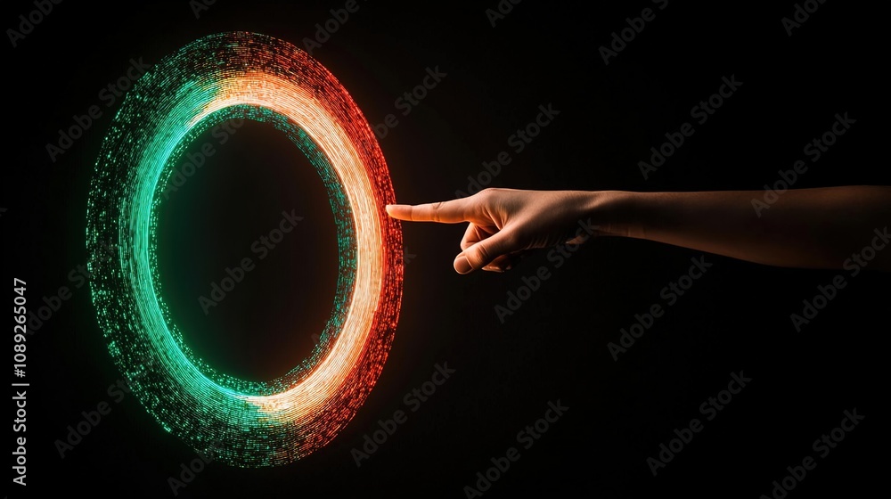 Poster creative representation of a human finger pointing at a circular light form, merging technology and 