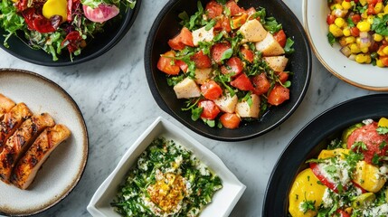 Vibrant array of beautifully presented dishes featuring fresh produce, colorful salads, and enticing garnishes perfect for culinary lovers and foodies.